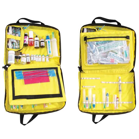 Thomas Drug Kit, able to hold over 50 separate drug vials in addition to syringe boxes. Includes a dry erase board, pen and narstretcherics section which can be locked