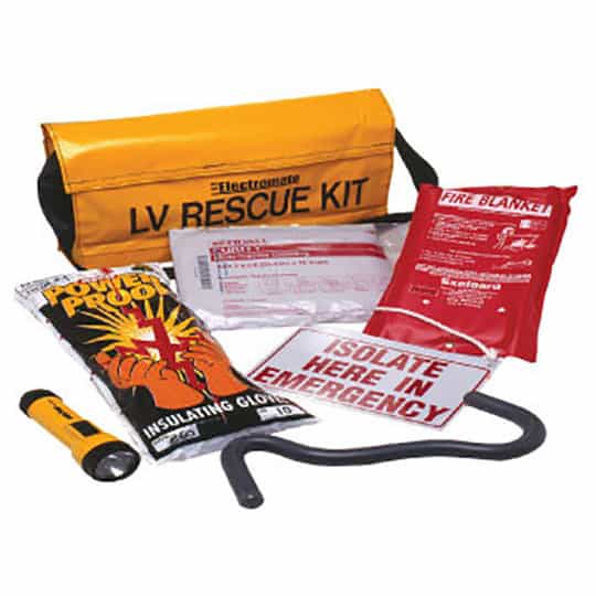 Low Voltage Rescue Kit, Carry Case, Multi Trauma Dressing, 1100V work gloves, Weather proof torch & batteries, crook Isolation, Sign, Fire Blanket