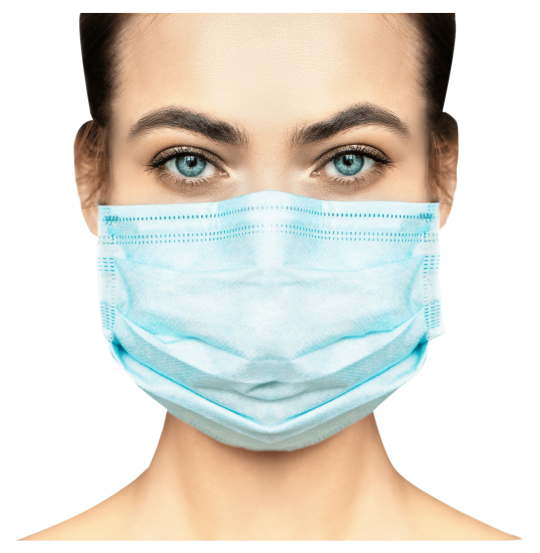 Disposable Face Mask with earloops on a woman. Provide effective protection against dust, fog, bacteria, pollution, pollen and infectious diseases.