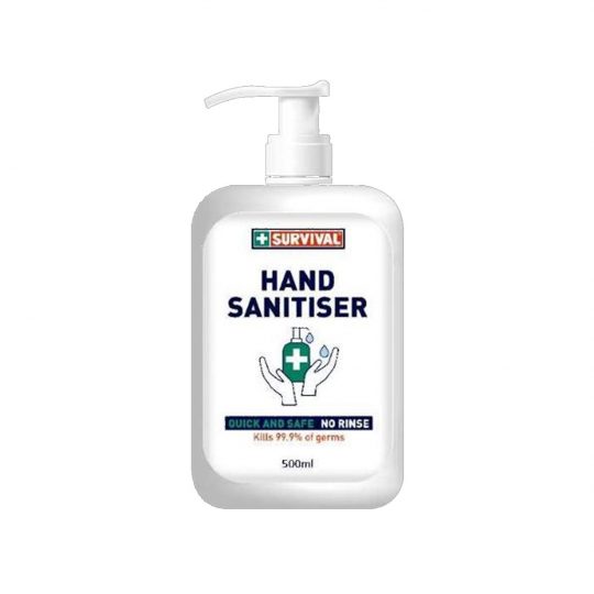 Hand Wash Sanitiser 500ml by +Survival. 75% ethyl alcohol sanitiser squeeze bottle, helps prevent spread of disease like Covid-19